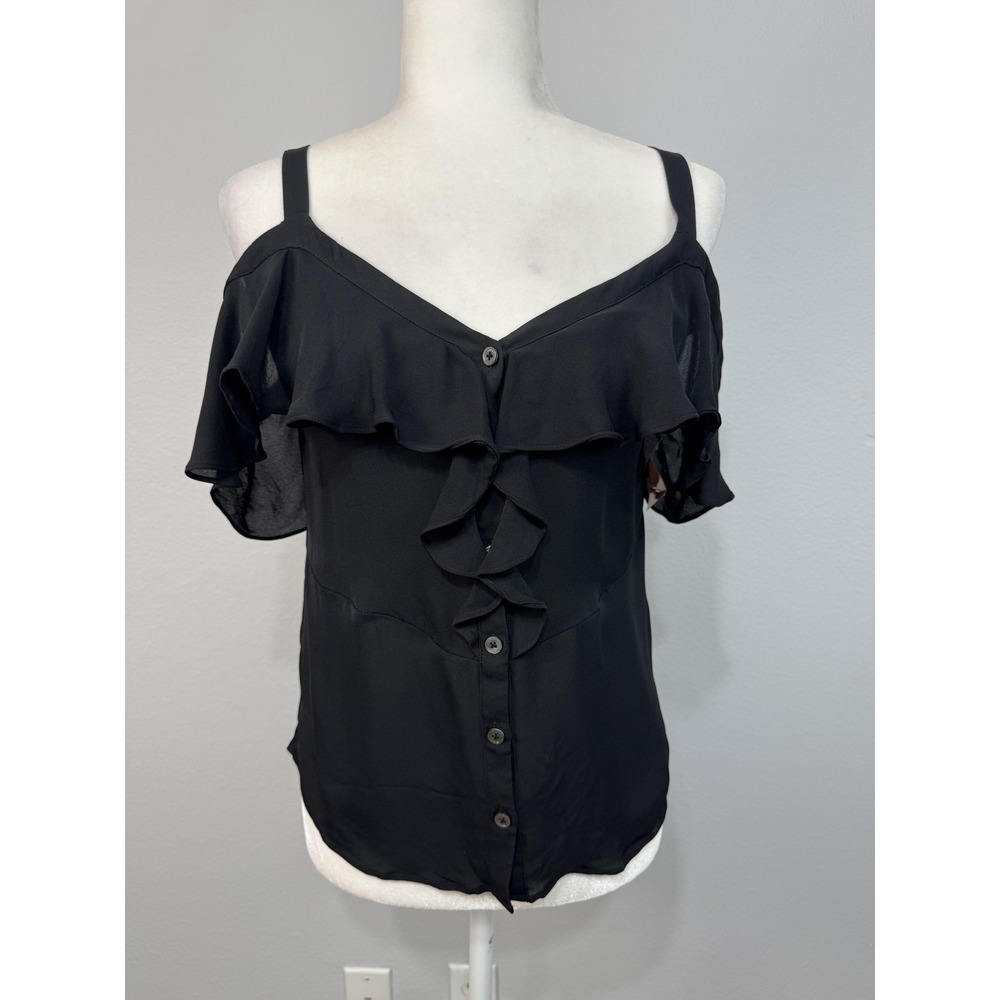 Veronica Beard Cold Shoulder Top Women's 4 Black Ruffle Silk Button Front Ruffle